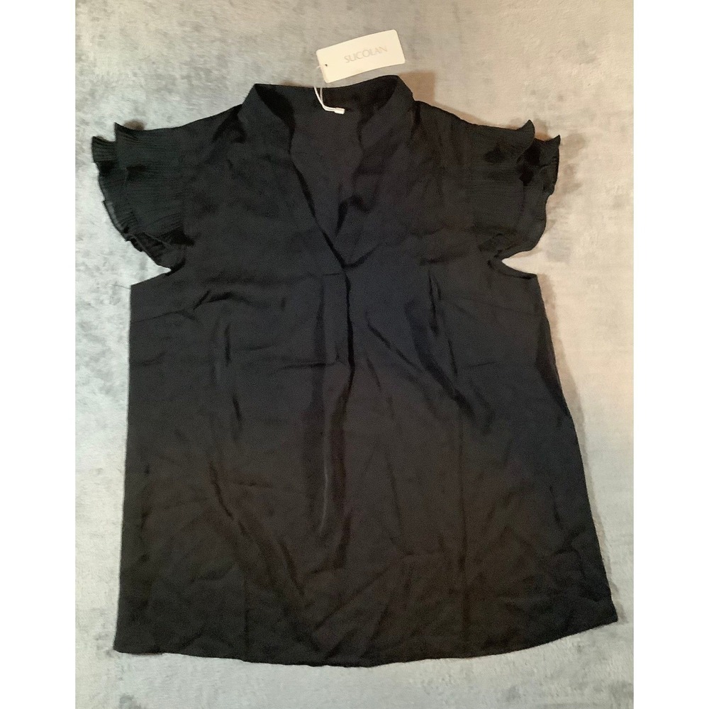 SUCOLAN Women Black V-Neck Blouse Pleated Ruffle Short Sleeve NWT Size M